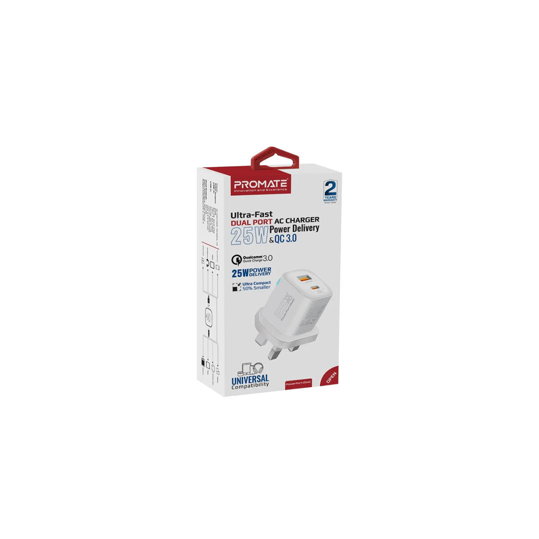 Promate PowerPort-25AC Ultra-Fast Dual Port AC Charger with 25W Power Delivery and QC 3.0 - White in Qatar Promate PowerPort-25AC Ultra-Fast Dual Port AC Charger with 25W Power Delivery and QC 3.0 - White in Qatar